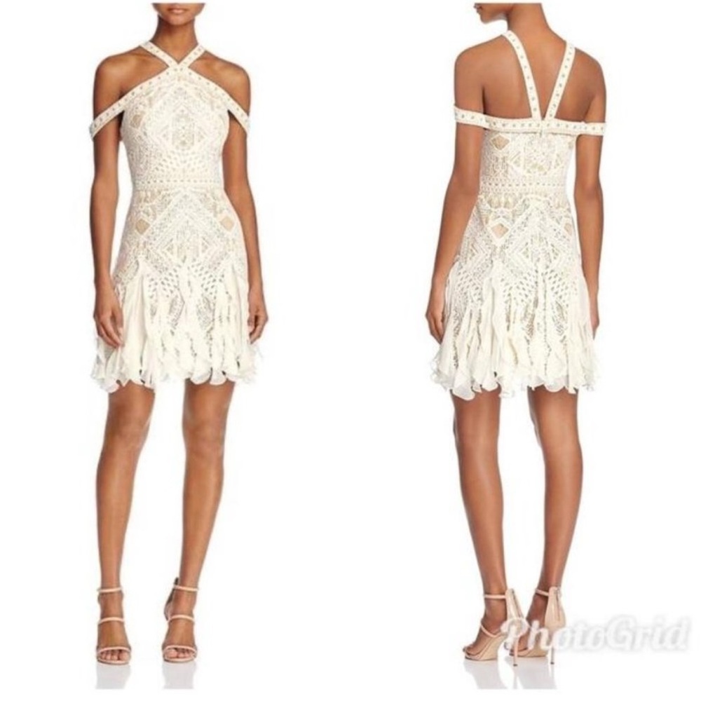 BCBGMAXAZRIA Ivory Leighann Lace Halter Cocktail D